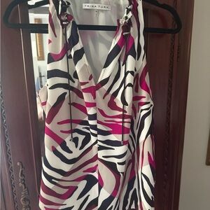 Trina Turk V-Neck Zebra Print Blouse - Pink, Black, and White